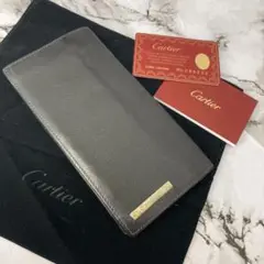 美品 カルティエ 長財布 サントス ロゴプレート シルバー金具 レザー 保存袋