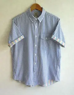 【極美品】J.PRESS　半袖 ボタンダウン ストライプシャツ　L　ブルー
