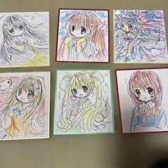 手描きイラスト。小色紙。６枚セット。女の子