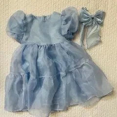 【美品】水色 フリルドレス リボンバレッタ付き