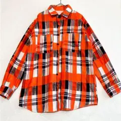 オレンジチェック柄シャツ ユニセックス フリーサイズ