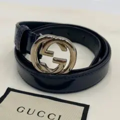 【美品】GUCCI ベルト インターロッキング GG エナメル ネイビー