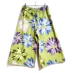 ワイドパンツ グリーン系 フリーサイズ ステテコ 花柄 綿100% ルームウェア