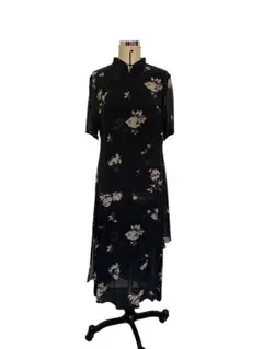 花柄シルク チャイナ ワンピース ブラック