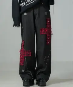 クロスチェックルーズワイドデニムパンツ　夢展望