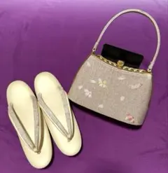 東京芝山　和装バッグ＆草履セット　ピンクゴールド　花柄刺繍入り