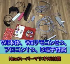 Wii本体、Wiiリモコン2つ、プロコン・ヌンチャク1つずつ、マリオ、D端子付属
