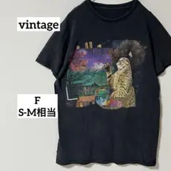 vintageアニマル半袖Tシャツ　ビッグプリント　cat キャットS M黒
