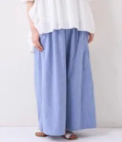 ビアズリー　サルエルパンツ　麻混　リネン　ライトブルー ウエストリブ　サイズ2