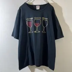 T-497 ワイングラス プリント Tシャツ Lサイズ ブラック