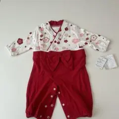赤色と白色の花柄ロンパース