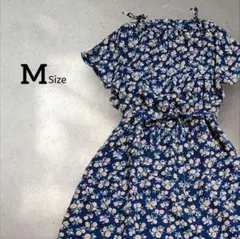 花柄 ロングワンピース М レトロ 肩リボン ネイビー