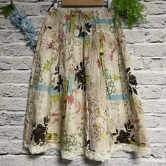 【超美品】IKUKO イクコ 総柄 スカート レース ウエスト 総ゴム フレア
