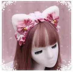 猫耳 ねこ耳 カチューシャ ピンク ヘッドドレス リボン コスプレ ふわふわ