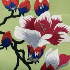 アンティーク名古屋帯　しつけ糸付　刺繍の花模様　正絹　No.66-33