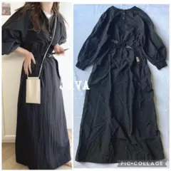 java ジャバ 長袖 ロングワンピース スナップボタン ブラック M