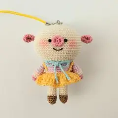 【手作り】あみぐるみ ブタちゃん ストラップ、No.30