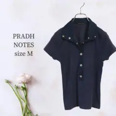 プラッシュノーツ【M】ワイド襟フロントボタンカットソートップス 半袖ストレッチ