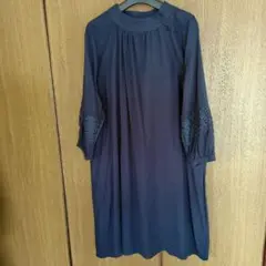 新品　SELF♧SERVICE　ネイビー 長袖 ひざ丈ワンピース レース付き　M