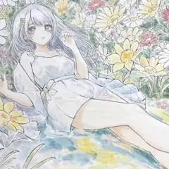 手描きイラスト　オリジナル　水彩イラスト　水辺の少女 （大サイズ色紙イラスト）