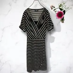 ボーダー カシュクールワンピース LL ブラック×ベージュ PETITGRAIN