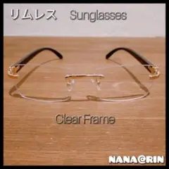 リムレス サングラス クリアレンズ UV400 フレーム ブラック o33