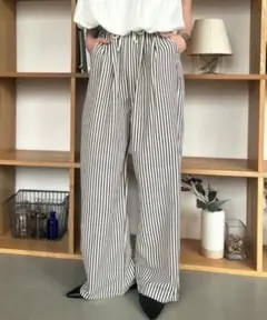 Rejoule リジュール ストライプセミワイドパンツ ブラック