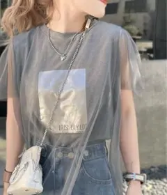 【美品】未使用品 ノースリーブとチュールの重ね着風Tシャツ Lサイズ グレー