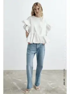 ZARA ザラ フリルトリムコントラスト Tシャツ 白 S