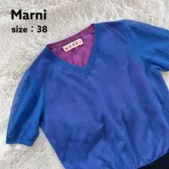 レア Marni カットソー シースルー 半袖 Vネック リブ付 青系 38