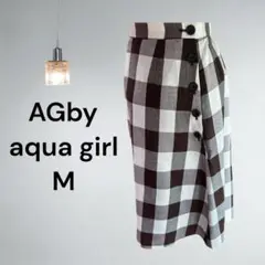 aqua girl M 茶　チェック　フレアスカート　ボタン　ワールド