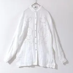 美品✨刺繍 シアー素材 シェルボタン ブラウス シャツ 無地 白 羽織り 長袖