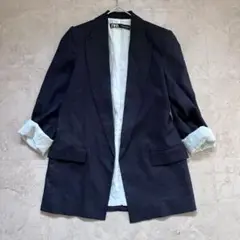 ザラ ZARA 【美品！】 ロールアップジャケット リネン混 ネイビー 紺 S