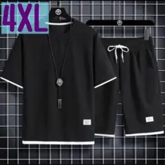 セットアップ 上下セット ワッフル 黒 半袖 Tシャツ 短パン 部屋着 夏