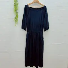 【7-IDconcept】 7分袖ワンピース ウエストゴム (M) ネイビー