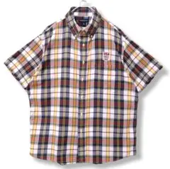 【LANDS'END】　半袖　シャツ　白　赤　緑　チェック柄　メンズ　古着　XL