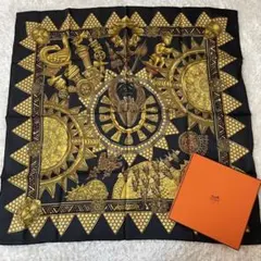 HERMES エルメス カレ90 スカーフ 首長達の金 ブラック