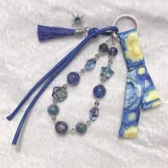 油絵 油彩画 ストラップ キーホルダー ブルー ネイビー 絵画 風 チャーム
