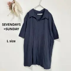 セブンデイズサンデイ　スキッパーカラーTシャツ　半袖　ネイビー　L ゆったり