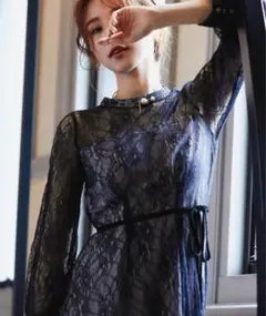 niana シアーレース ウエストリボンドレス L