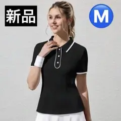 【新品/Mサイズ】レディース 可愛い ゴルフウェア 半袖 ポロシャツ ブラック
