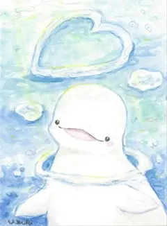水彩イラスト/バブルリングとシロイルカ