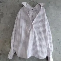 美品　スキッパーシャツ　ストライプ シャツ　ブラウス　長袖　ピンク