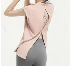 くすみピンク バックオープン半袖Tシャツノースリーブヨガウェアピラティス