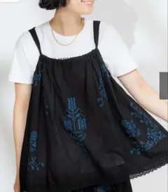 値下げ新品インド コットンスラブ刺繍 バックリボンキャミソールブラック