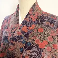 2m1339 着物 正絹 袷 小紋 紫 赤 茶色 緑 黄色 青 花柄 和装
