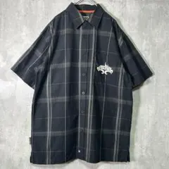 FREAKY 半袖 シャツ 刺繍ロゴ チェック 黒 00s コットン L Y2K