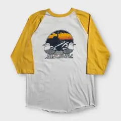 80s 90s ラグラン Tシャツ 7部丈 プリント 鳥 イエロー 古着