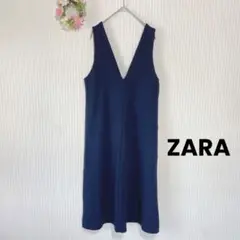 美品★ 【ZARA】 Vネック ワンピース (M) ネイビー ノースリーブ