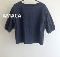 AMACA アマカ　ブラウス　トップス　ネイビー　ナチュラル　刺繍レース